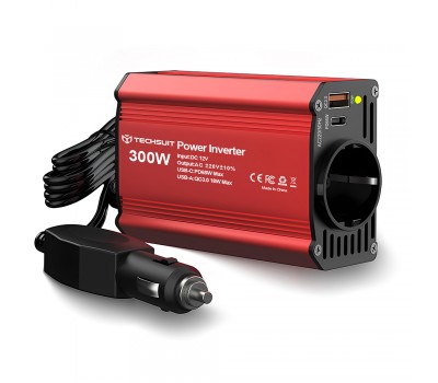 Techsuit FlexiCarVolt IA1 – Inverter Αυτοκινήτου 12V σε 220V 300W με Type-C PD65W & USB Θύρες (Κόκκινος)