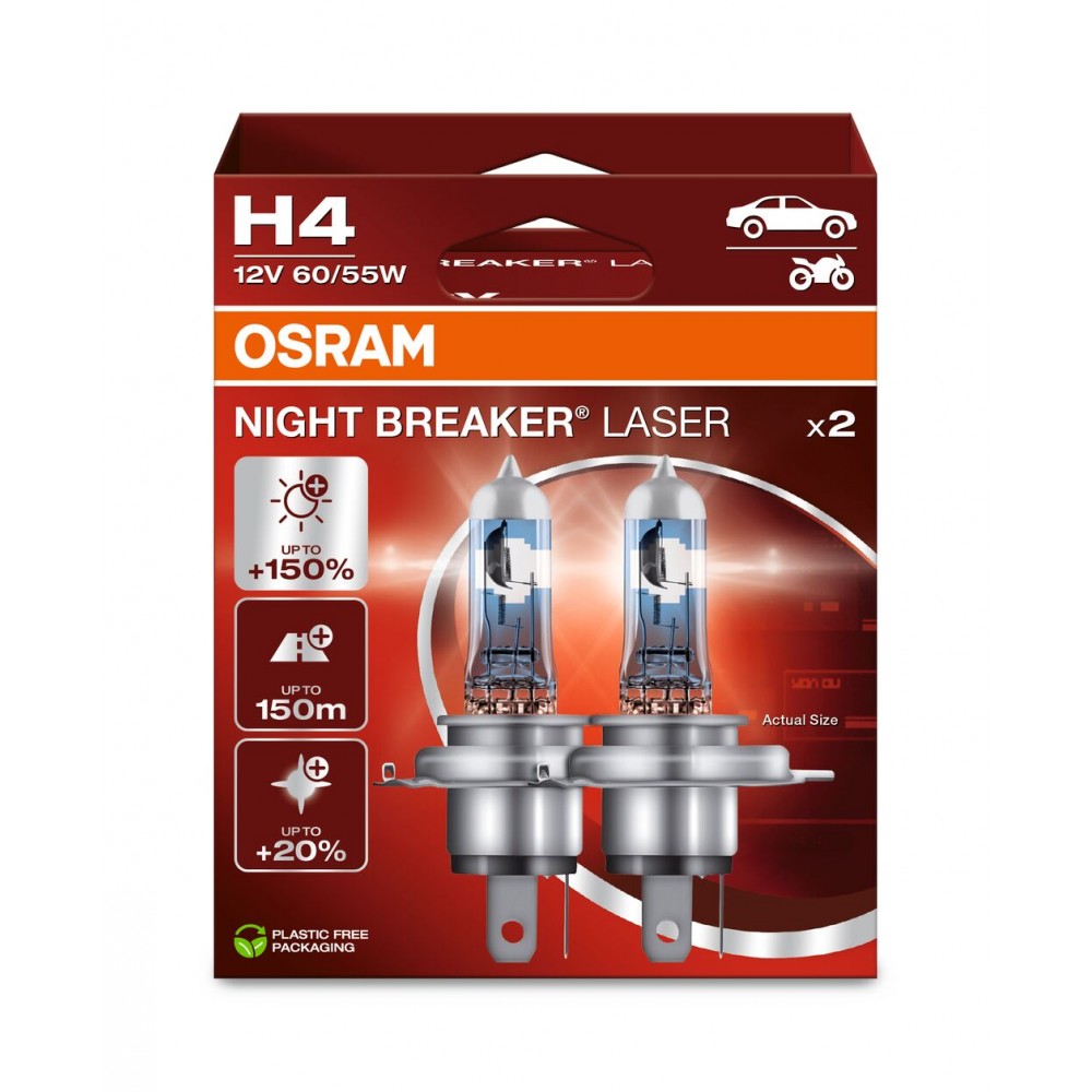 H4 12V 60/55W P43t OSRAM NIGHT BREAKER LASER +150% Περισσότερος Φωτισμός 2τμχ