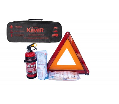 Kaver Advanced Safety Kit 3 σε 1 – Σετ Ασφαλείας Αυτοκινήτου (Φαρμακείο DIN13164, Τρίγωνο E4-27R, Πυροσβεστήρας 1kg)
