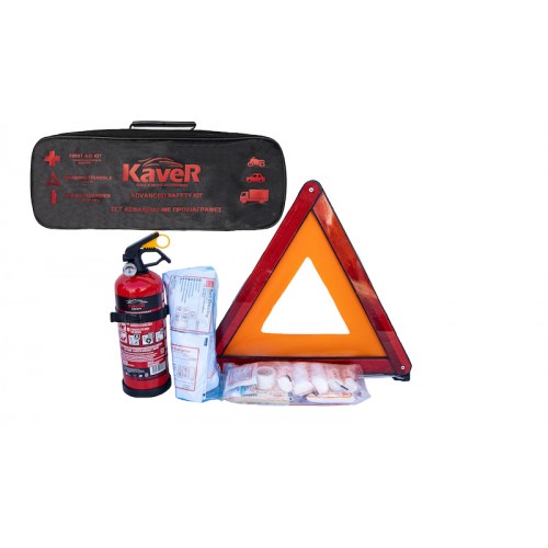 Kaver Advanced Safety Kit 3 σε 1 – Σετ Ασφαλείας Αυτοκινήτου (Φαρμακείο DIN13164, Τρίγωνο E4-27R, Πυροσβεστήρας 1kg)